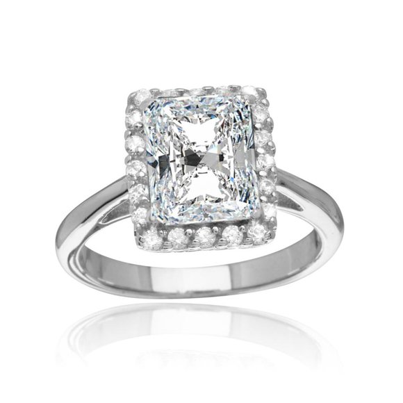 Silver 925 Rhodium Plated Square Clear CZ Halo Rin